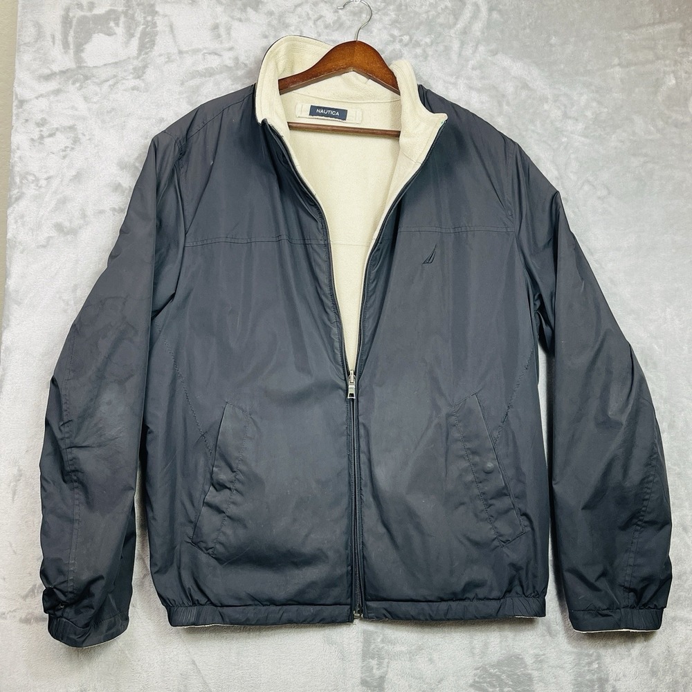 Nautica Mens Fleece Lined Bomber Jacket Navy Blue Zippered Large